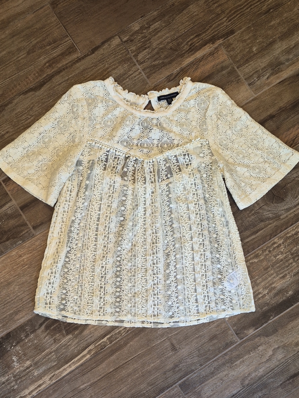 American Eagle Outfitters Short Bell Sleeve Open Back Lace Top, XS